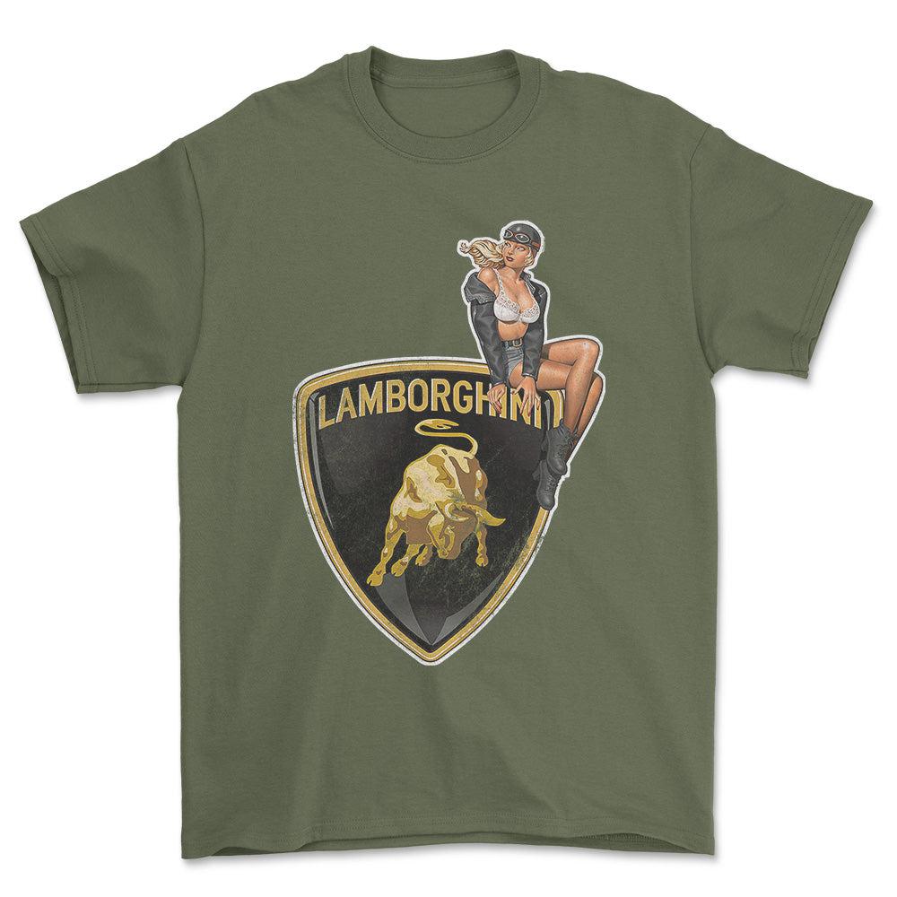 Lamborghini Pinup - Unisex T-Shirt , Bomuld-Beklædning-Lamborghini-Grøn Militær-S-Forside-Garage Culture Shop- garage - man cave - merchandise