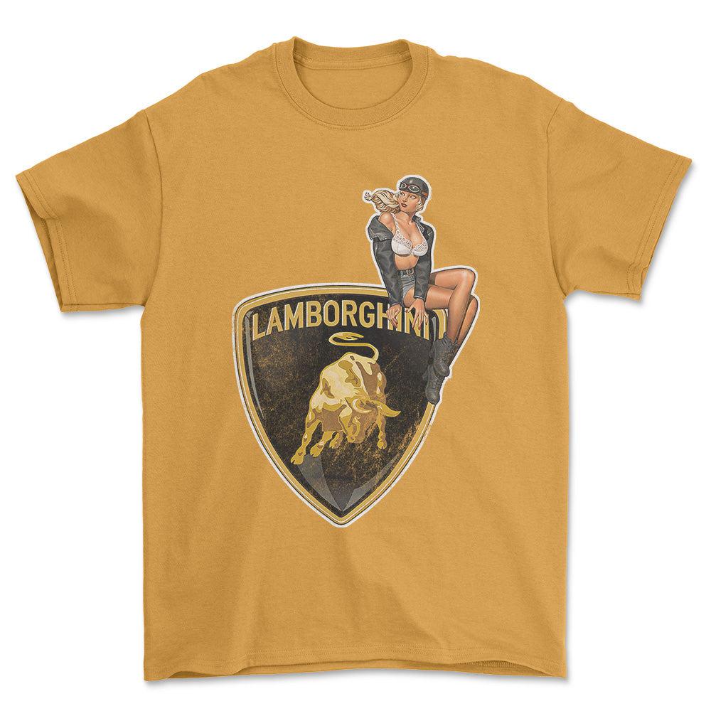 Lamborghini Pinup - Unisex T-Shirt , Bomuld-Beklædning-Lamborghini-Guld-S-Forside-Garage Culture Shop- garage - man cave - merchandise