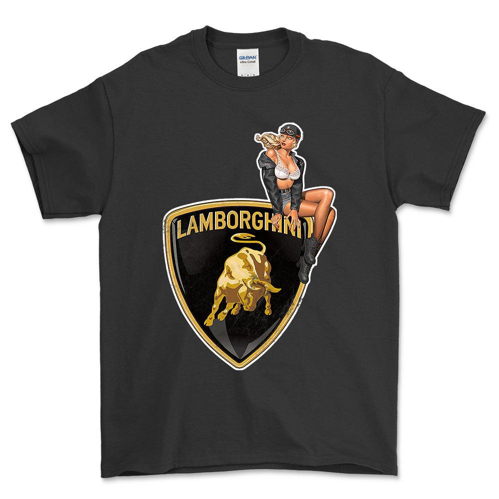 Lamborghini Pinup - Unisex T-Shirt , Bomuld-Beklædning-Lamborghini-Sort-S-Forside-Garage Culture Shop- garage - man cave - merchandise