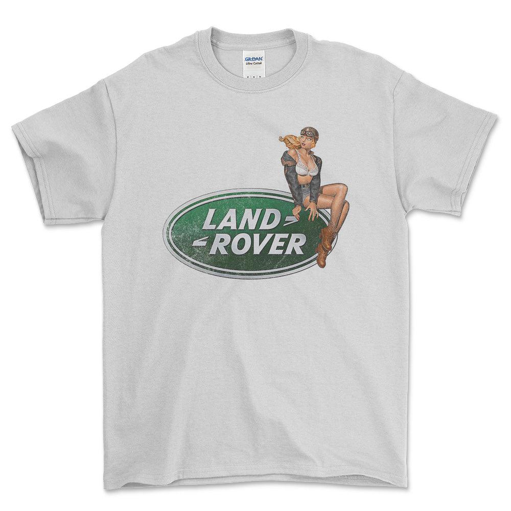 Land Rover Pinup - Unisex T-Shirt , Bomuld-Beklædning-Land Rover-Hvid-S-Forside-Garage Culture Shop- garage - man cave - merchandise