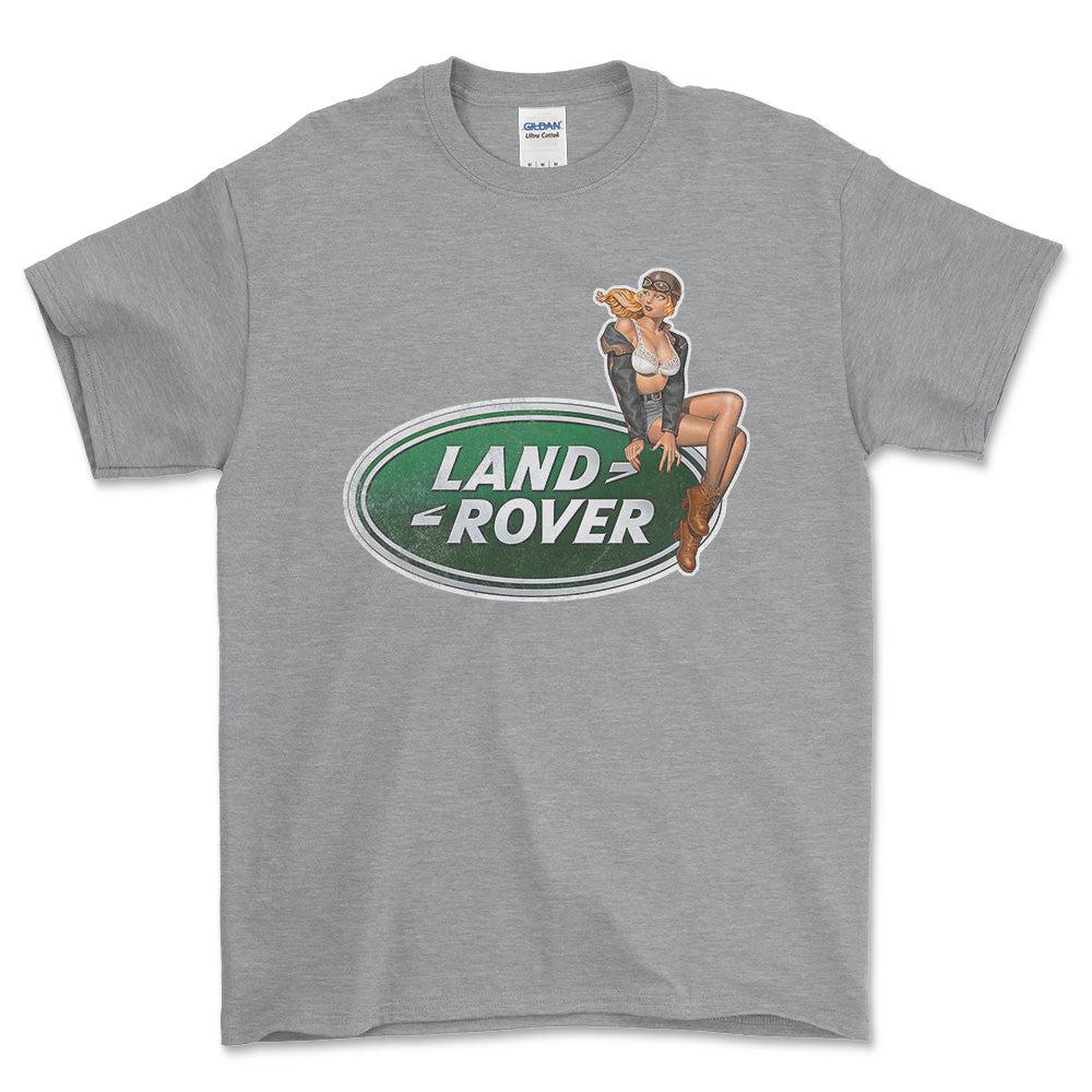 Land Rover Pinup - Unisex T-Shirt , Bomuld-Beklædning-Land Rover-Grå Sport-S-Forside-Garage Culture Shop- garage - man cave - merchandise