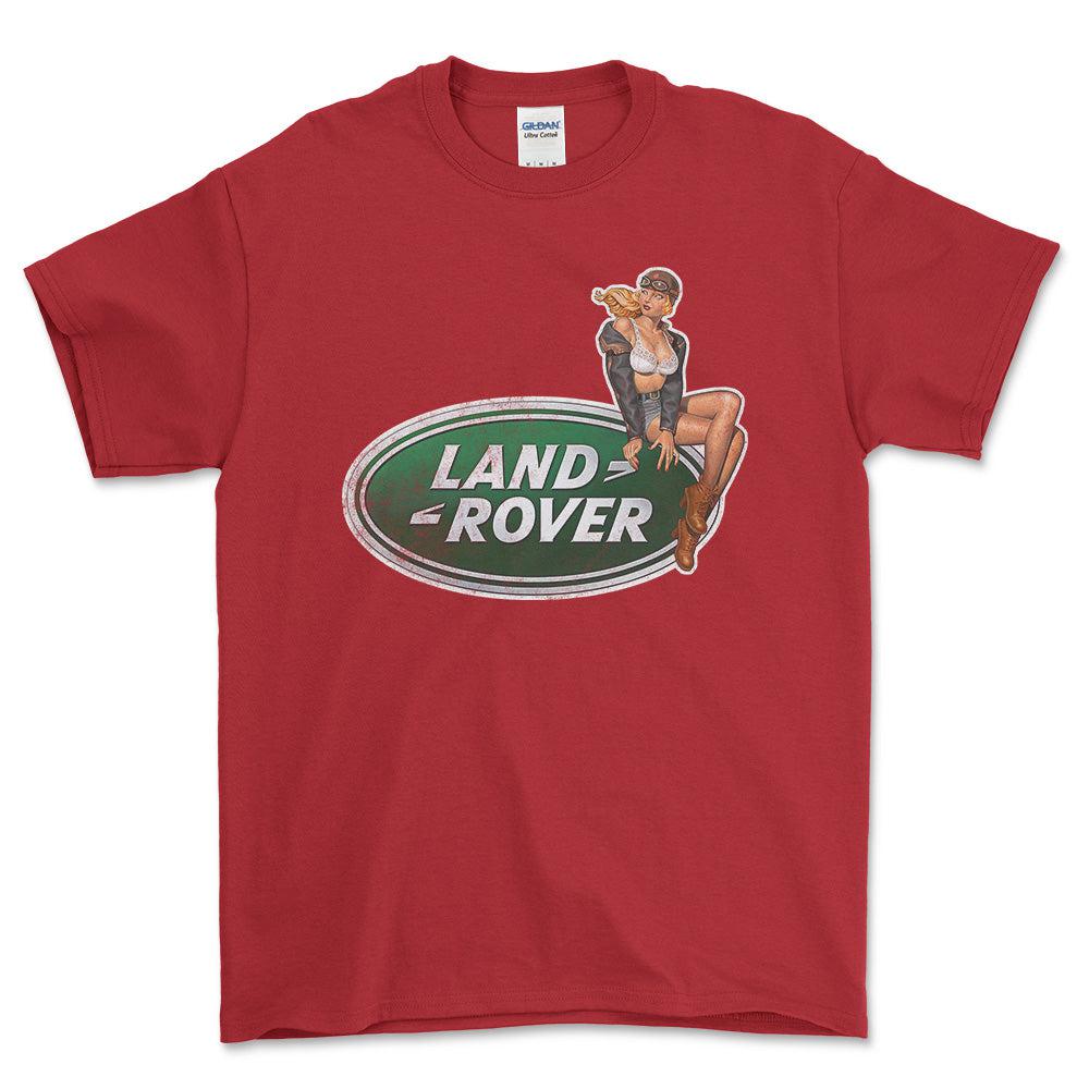 Land Rover Pinup - Unisex T-Shirt , Bomuld-Beklædning-Land Rover-Rød-S-Forside-Garage Culture Shop- garage - man cave - merchandise