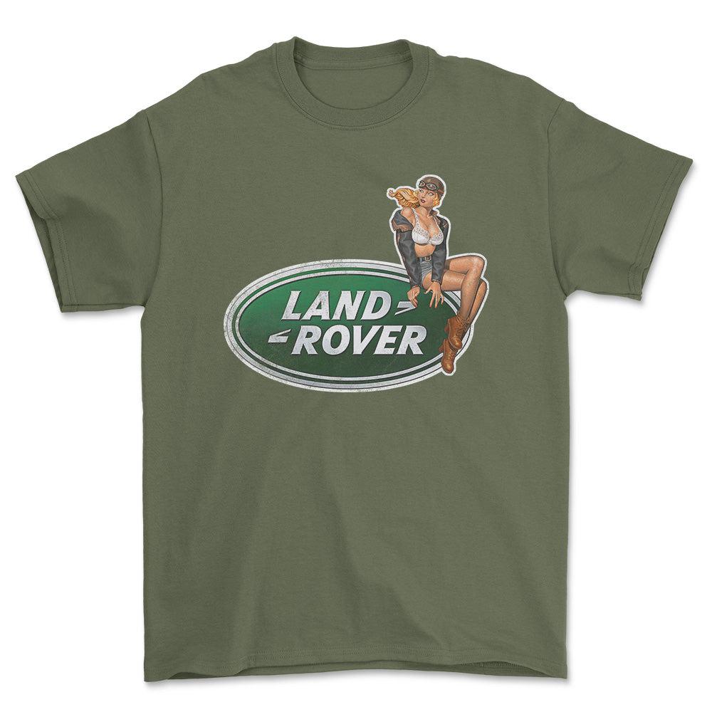 Land Rover Pinup - Unisex T-Shirt , Bomuld-Beklædning-Land Rover-Grøn Militær-S-Forside-Garage Culture Shop- garage - man cave - merchandise