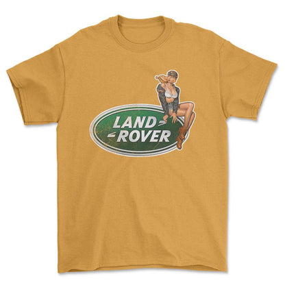 Land Rover Pinup - Unisex T-Shirt , Bomuld-Beklædning-Land Rover-Guld-S-Forside-Garage Culture Shop- garage - man cave - merchandise