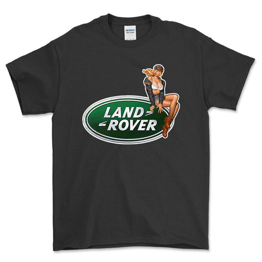 Land Rover Pinup - Unisex T-Shirt , Bomuld-Beklædning-Land Rover-Sort-S-Forside-Garage Culture Shop- garage - man cave - merchandise