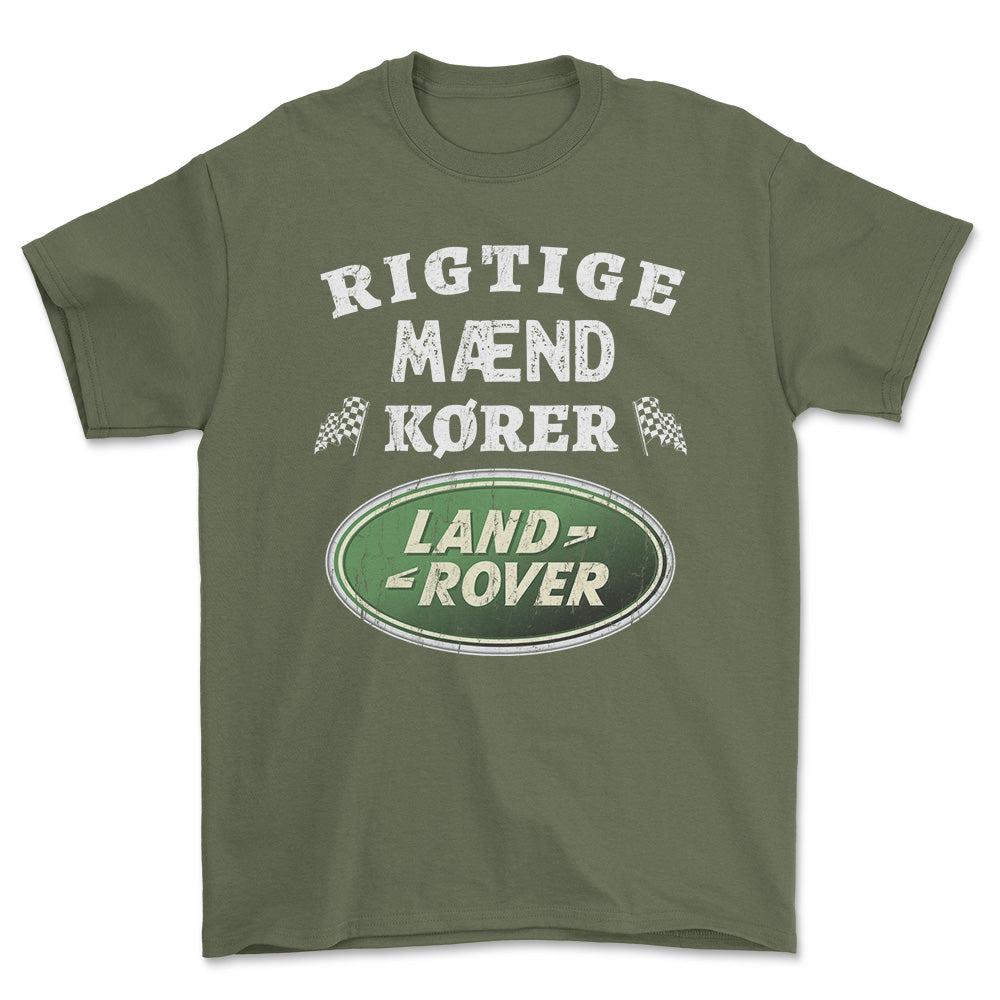 Land Rover Rigtige Mænd Kører - Unisex T-Shirt , Bomuld-Beklædning-Land Rover-Grøn Militær-S-Forside-Garage Culture Shop- garage - man cave - merchandise