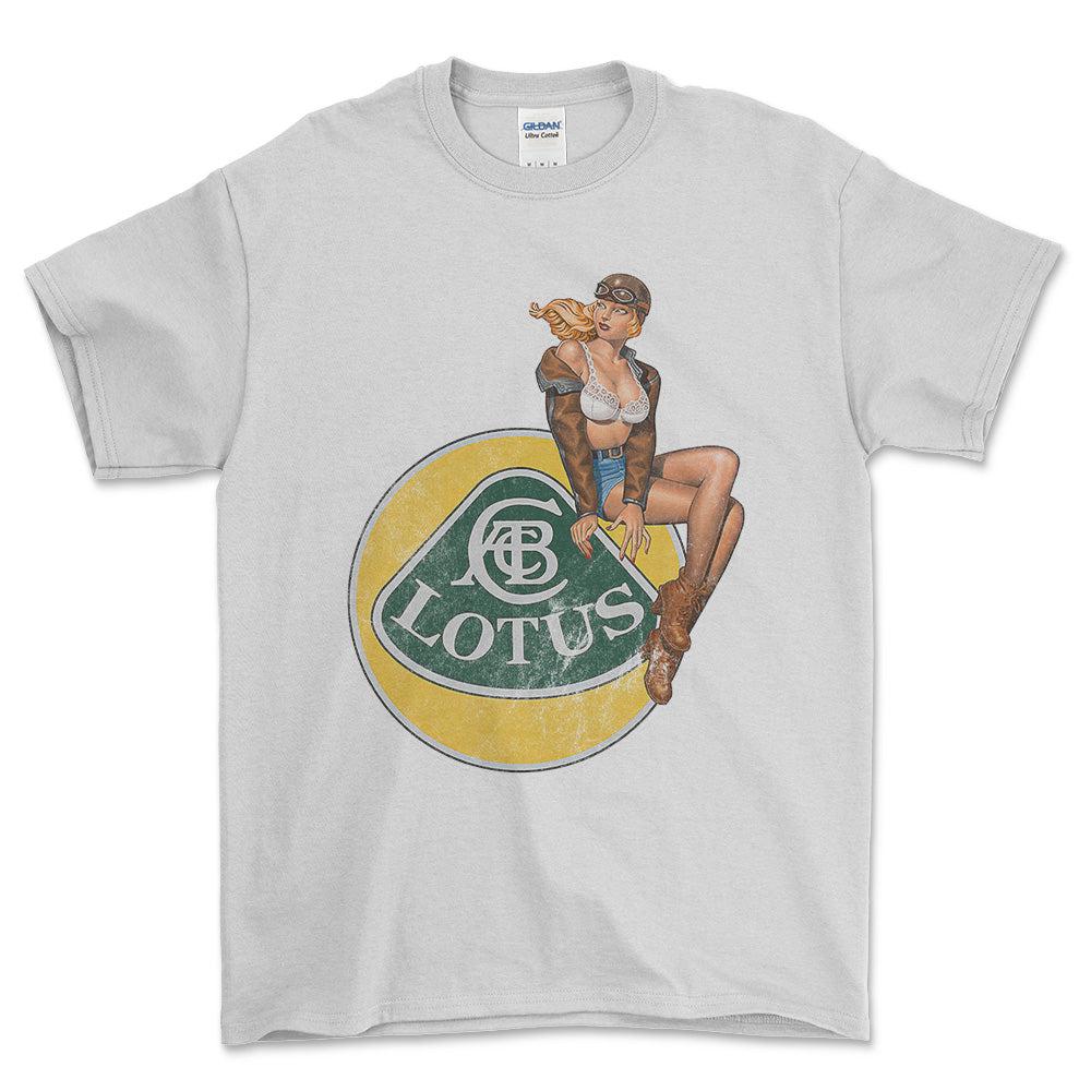 Lotus Pinup - Unisex T-Shirt , Bomuld-Beklædning-Lotus-Hvid-S-Forside-Garage Culture Shop- garage - man cave - merchandise