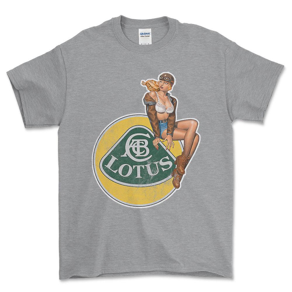 Lotus Pinup - Unisex T-Shirt , Bomuld-Beklædning-Lotus-Grå Sport-S-Forside-Garage Culture Shop- garage - man cave - merchandise