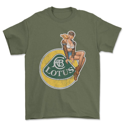 Lotus Pinup - Unisex T-Shirt , Bomuld-Beklædning-Lotus-Grøn Militær-S-Forside-Garage Culture Shop- garage - man cave - merchandise