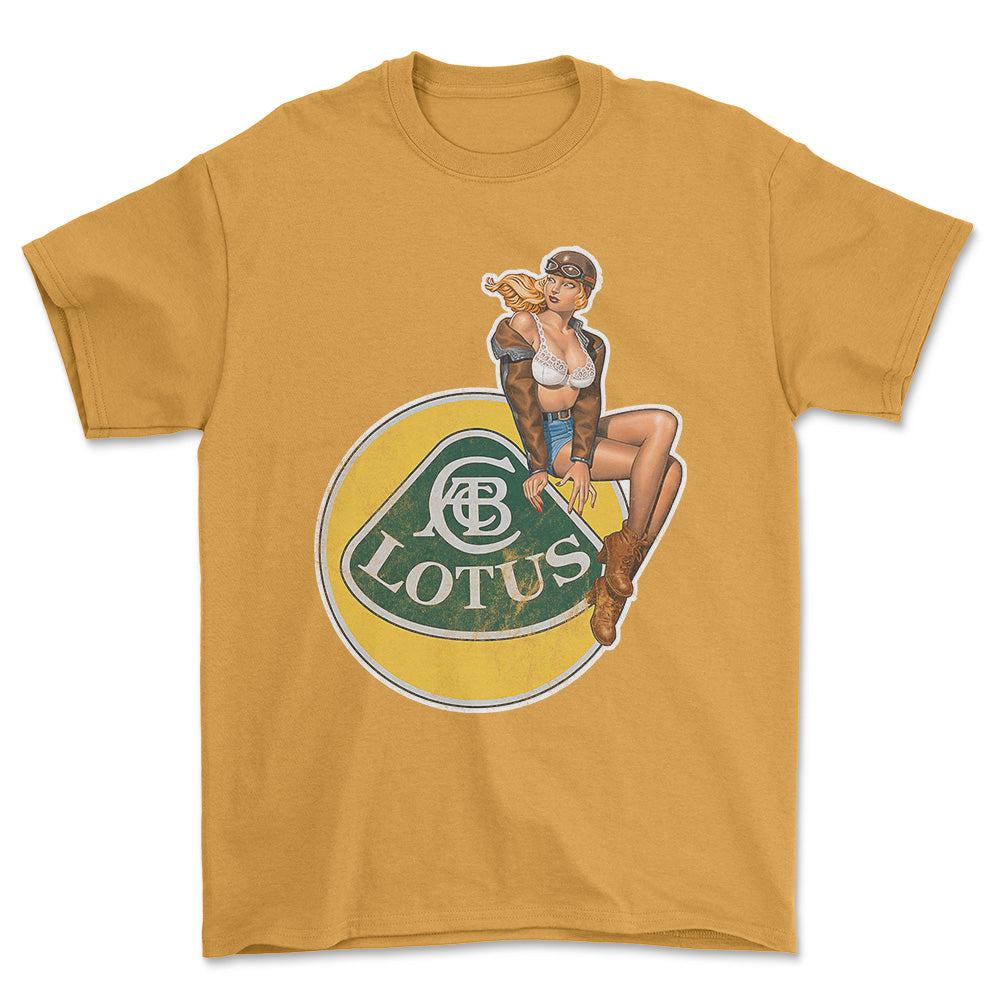 Lotus Pinup - Unisex T-Shirt , Bomuld-Beklædning-Lotus-Guld-S-Forside-Garage Culture Shop- garage - man cave - merchandise