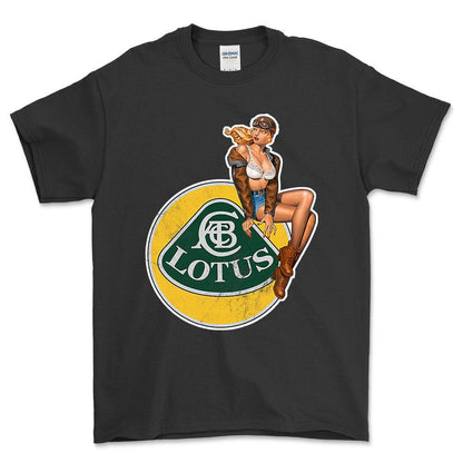 Lotus Pinup - Unisex T-Shirt , Bomuld-Beklædning-Lotus-Sort-S-Forside-Garage Culture Shop- garage - man cave - merchandise