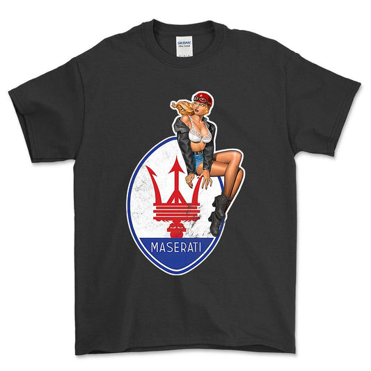 Maserati Pinup - Unisex T-Shirt , Bomuld-Beklædning-Maserati-Sort-S-Forside-Garage Culture Shop- garage - man cave - merchandise