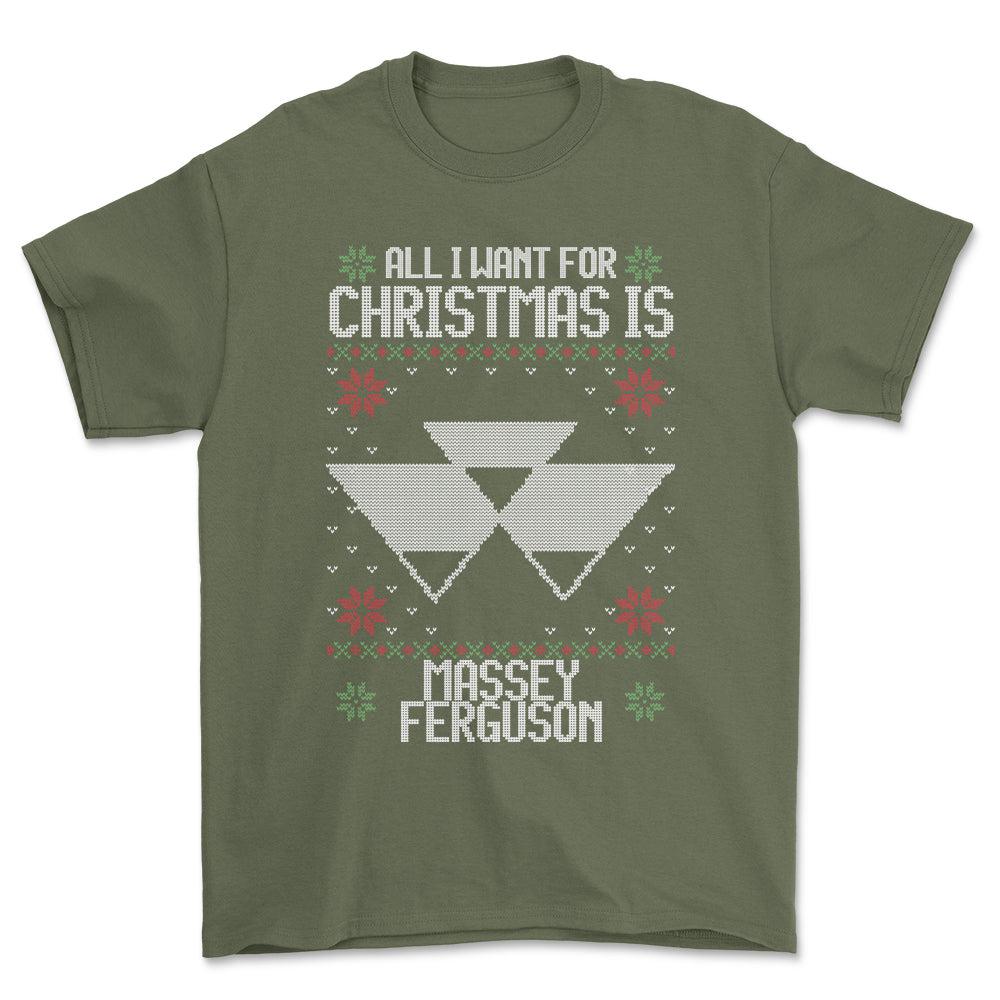 Massey Ferguson - All I Want For Christmas - Unisex T-Shirt , Bomuld-Beklædning-Massey Ferguson-Grøn Militær-S-Forside-Garage Culture Shop- garage - man cave - merchandise