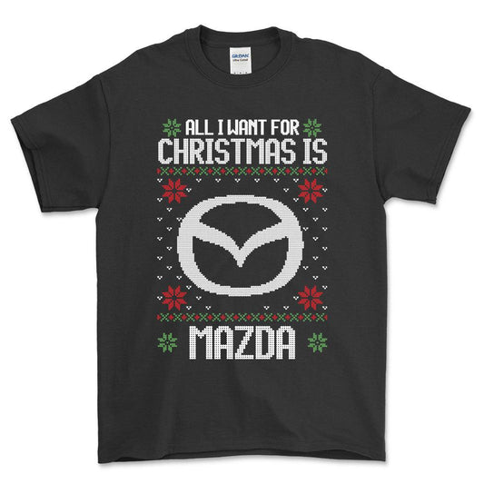 Mazda - All I Want For Christmas - Unisex T-Shirt , Bomuld-Beklædning-Mazda-Sort-S-Forside-Garage Culture Shop- garage - man cave - merchandise