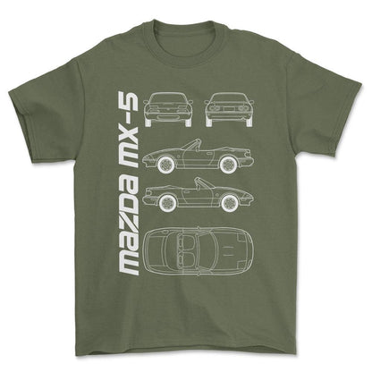 Mazda Mx-5 (Na) Unisex T-Shirt , Bomuld-Beklædning-Mazda-Grøn Militær-S-Forside-Garage Culture Shop- garage - man cave - merchandise