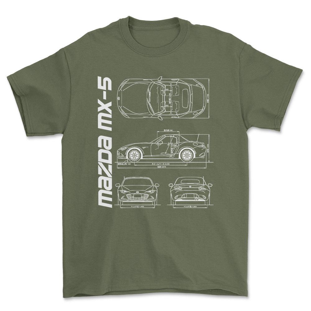 Mazda Mx-5 (Nd) Unisex T-Shirt , Bomuld-Beklædning-Mazda-Grøn Militær-S-Forside-Garage Culture Shop- garage - man cave - merchandise