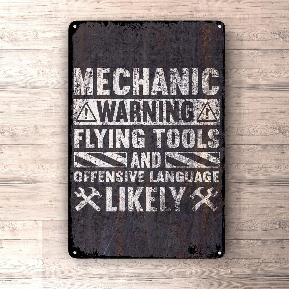 Mechanic Warning Flying Tools Skilte, Musemåtte, Dørmåtte-Skilte-Funny Garage-Garage Culture Shop- garage - man cave - merchandise