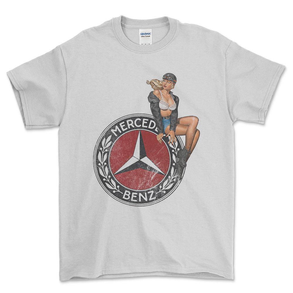 Mercedes Pinup - Unisex T-Shirt , Bomuld-Beklædning-Mercedes-Hvid-S-Forside-Garage Culture Shop- garage - man cave - merchandise