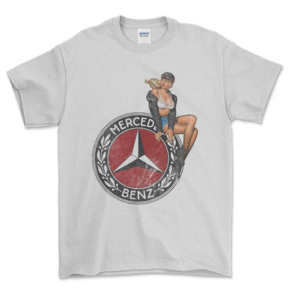 Mercedes Pinup - Unisex T-Shirt , Bomuld-Beklædning-Mercedes-Hvid-S-Forside-Garage Culture Shop- garage - man cave - merchandise