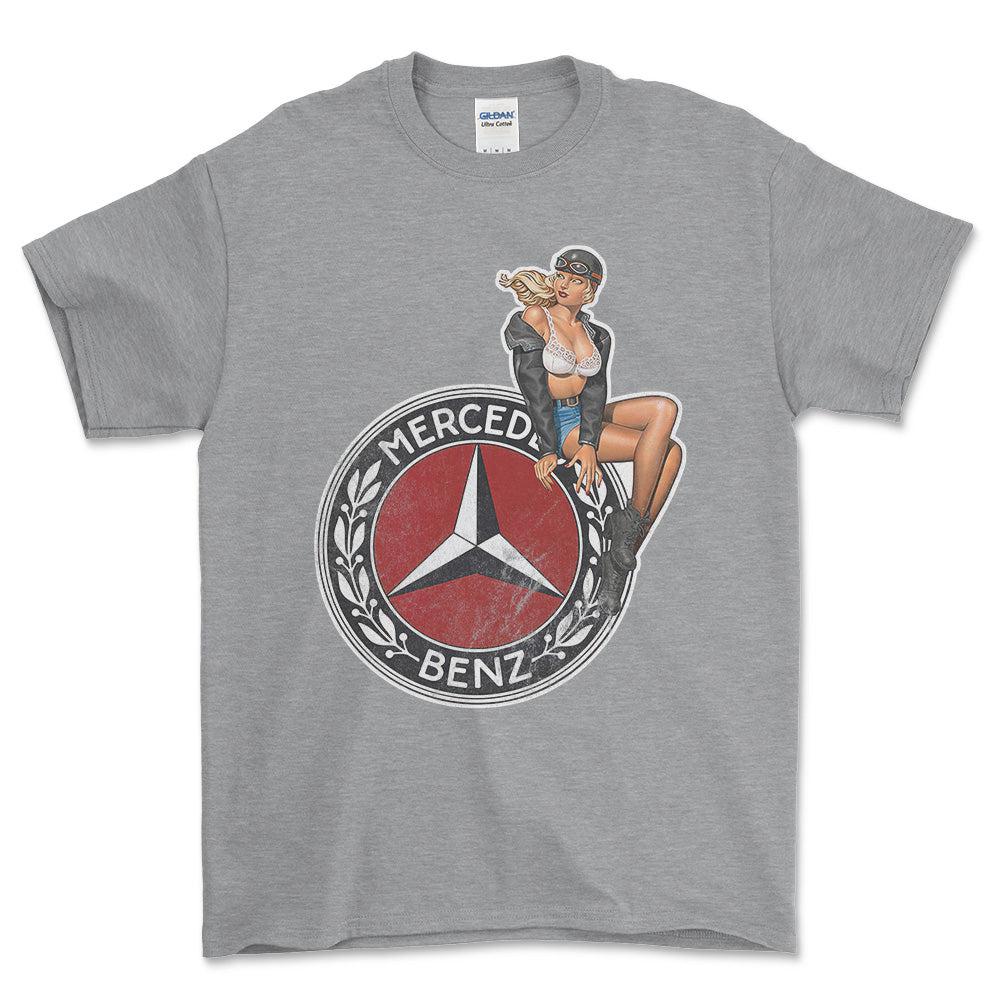 Mercedes Pinup - Unisex T-Shirt , Bomuld-Beklædning-Mercedes-Grå Sport-S-Forside-Garage Culture Shop- garage - man cave - merchandise