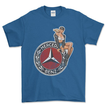 Mercedes Pinup - Unisex T-Shirt , Bomuld-Beklædning-Mercedes-Blå Royal-S-Forside-Garage Culture Shop- garage - man cave - merchandise