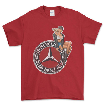 Mercedes Pinup - Unisex T-Shirt , Bomuld-Beklædning-Mercedes-Rød-S-Forside-Garage Culture Shop- garage - man cave - merchandise