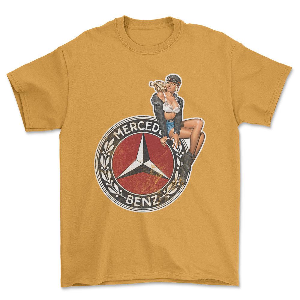 Mercedes Pinup - Unisex T-Shirt , Bomuld-Beklædning-Mercedes-Guld-S-Forside-Garage Culture Shop- garage - man cave - merchandise