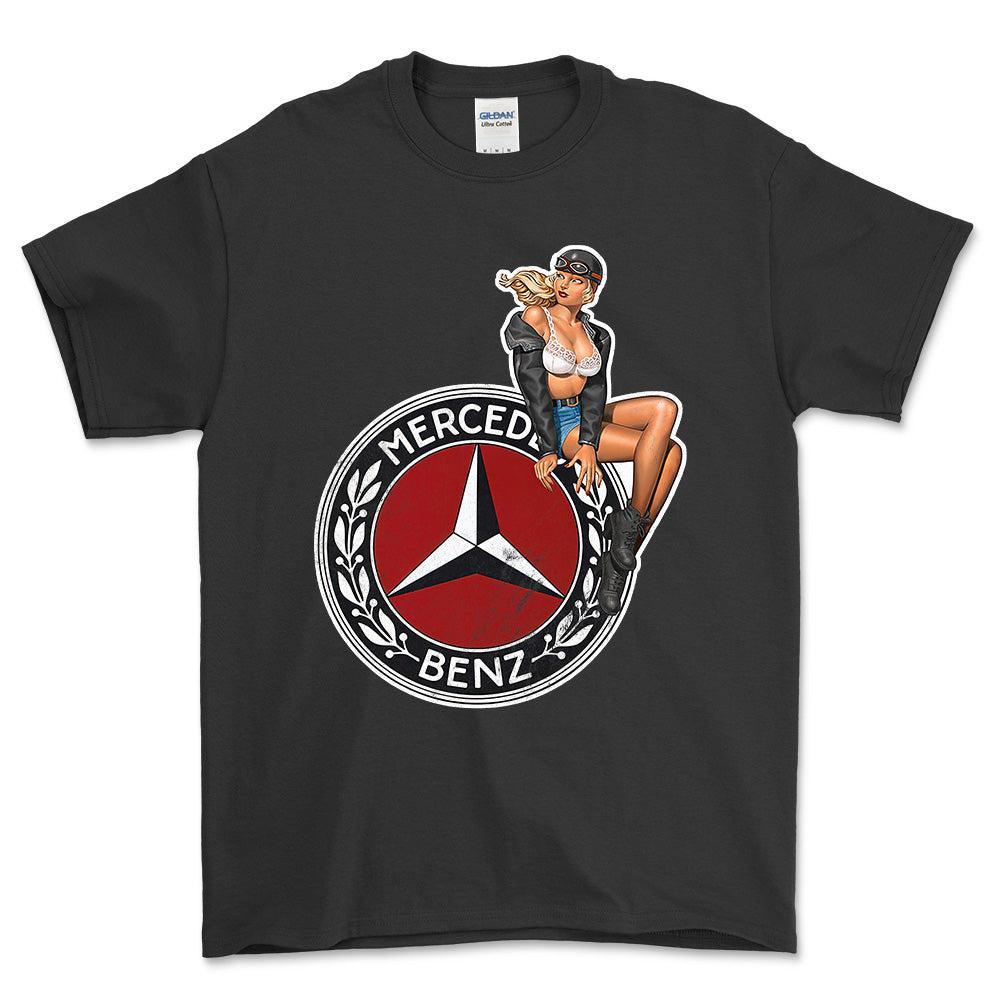 Mercedes Pinup - Unisex T-Shirt , Bomuld-Beklædning-Mercedes-Sort-S-Forside-Garage Culture Shop- garage - man cave - merchandise