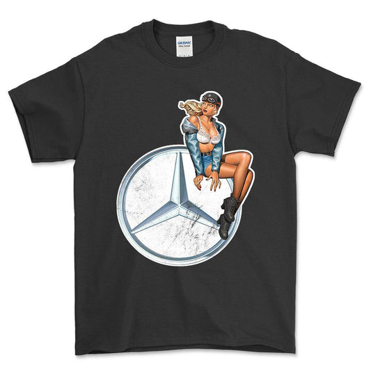 Mercedes Pinup - Unisex T-Shirt , Bomuld-Beklædning-Mercedes-Sort-S-Forside-Garage Culture Shop- garage - man cave - merchandise