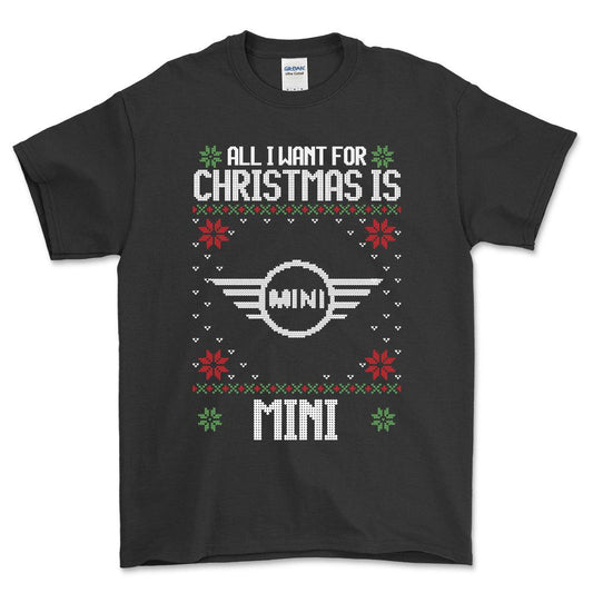 Mini - All I Want For Christmas - Unisex T-Shirt , Bomuld-Beklædning-Mini-Sort-S-Forside-Garage Culture Shop- garage - man cave - merchandise