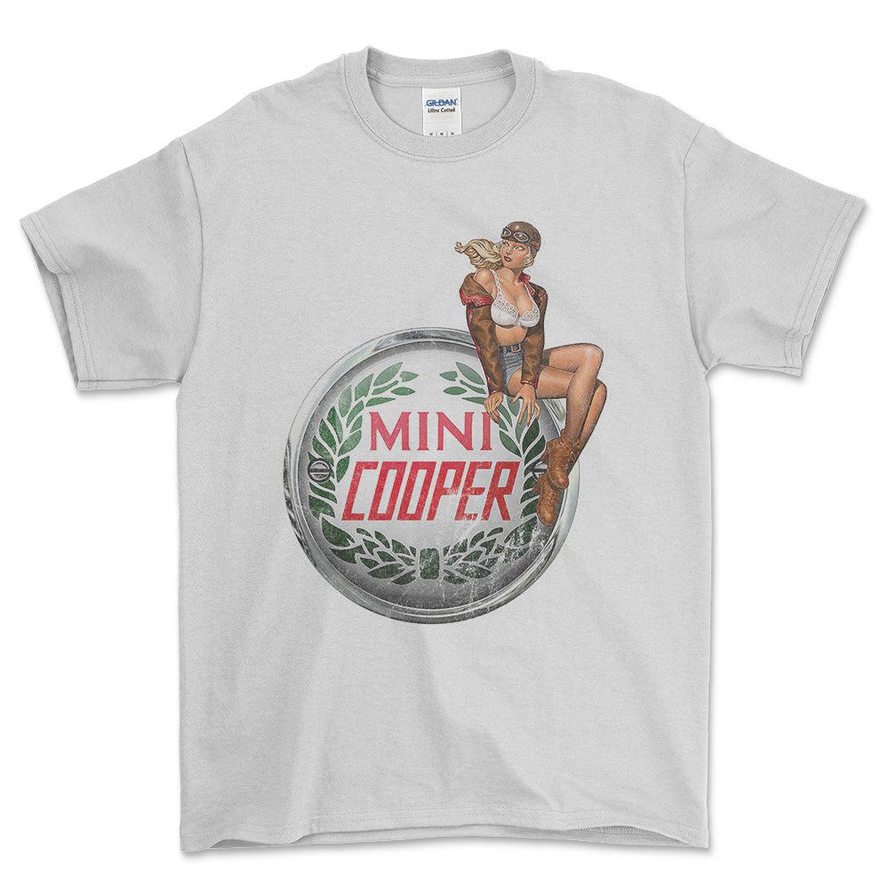 Mini Cooper Pinup - Unisex T-Shirt , Bomuld-Beklædning-Mini-Hvid-S-Forside-Garage Culture Shop- garage - man cave - merchandise