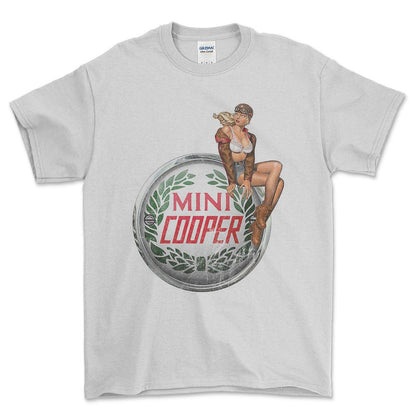 Mini Cooper Pinup - Unisex T-Shirt , Bomuld-Beklædning-Mini-Hvid-S-Forside-Garage Culture Shop- garage - man cave - merchandise