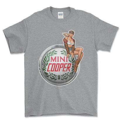 Mini Cooper Pinup - Unisex T-Shirt , Bomuld-Beklædning-Mini-Grå Sport-S-Forside-Garage Culture Shop- garage - man cave - merchandise