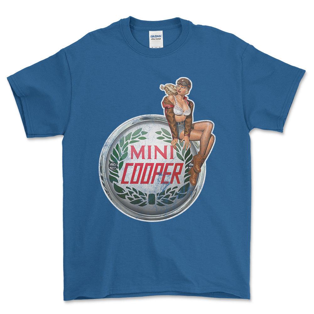 Mini Cooper Pinup - Unisex T-Shirt , Bomuld-Beklædning-Mini-Blå Royal-S-Forside-Garage Culture Shop- garage - man cave - merchandise