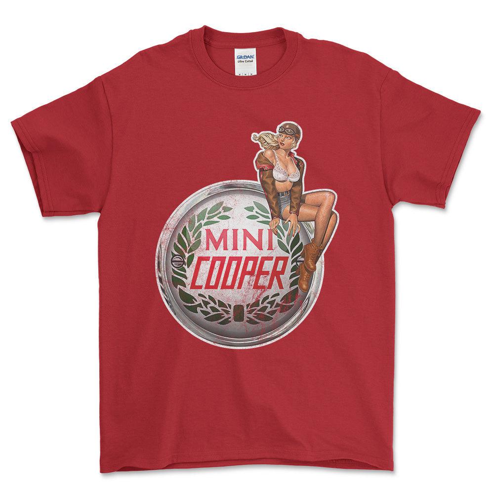 Mini Cooper Pinup - Unisex T-Shirt , Bomuld-Beklædning-Mini-Rød-S-Forside-Garage Culture Shop- garage - man cave - merchandise