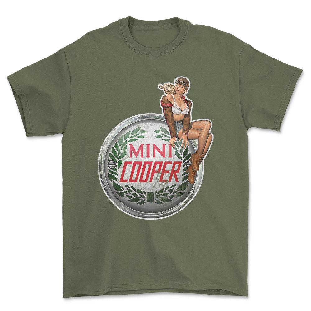 Mini Cooper Pinup - Unisex T-Shirt , Bomuld-Beklædning-Mini-Grøn Militær-S-Forside-Garage Culture Shop- garage - man cave - merchandise