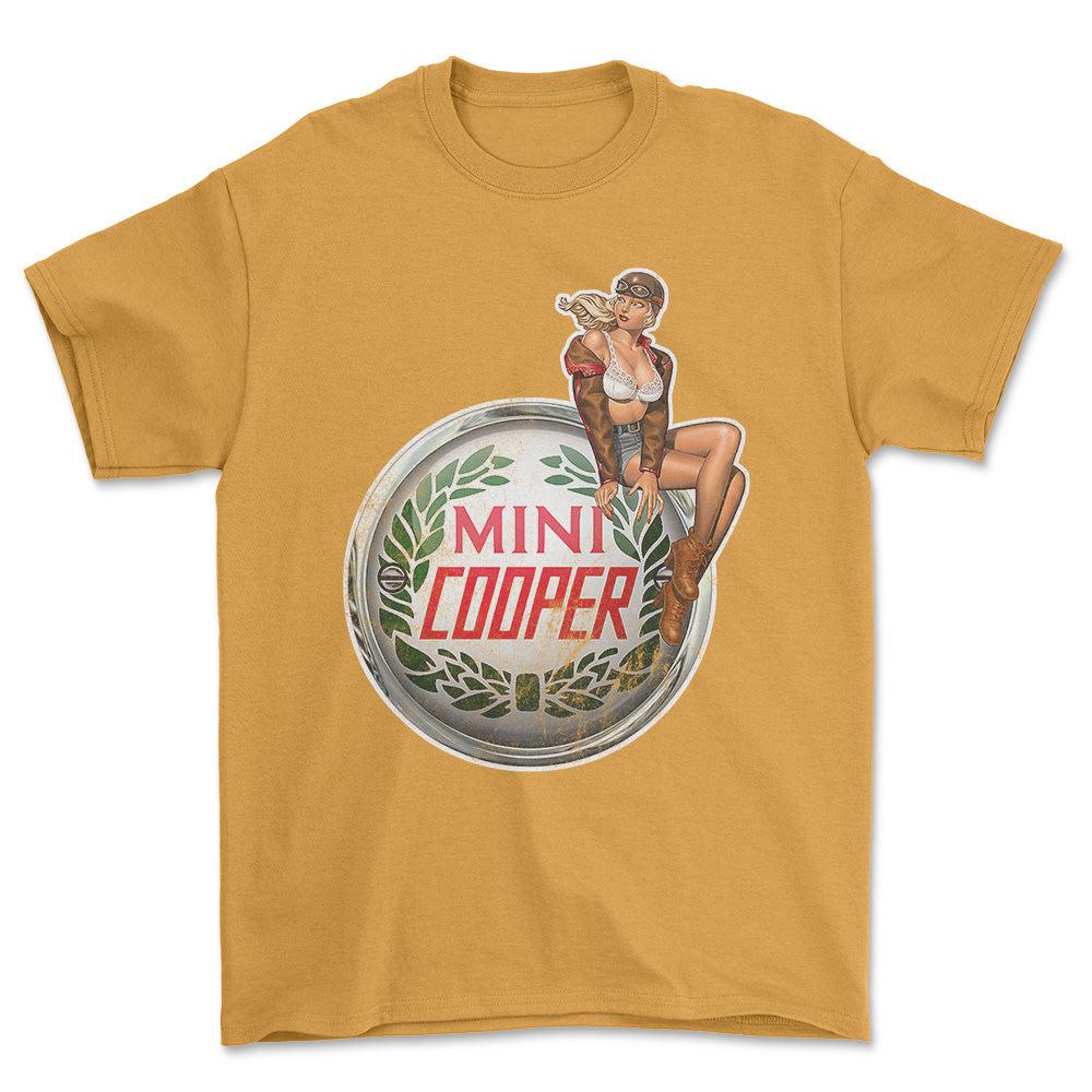 Mini Cooper Pinup - Unisex T-Shirt , Bomuld-Beklædning-Mini-Guld-S-Forside-Garage Culture Shop- garage - man cave - merchandise