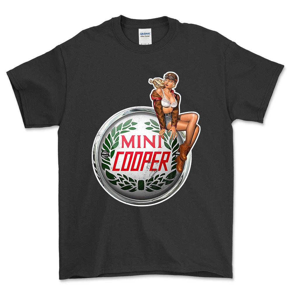 Mini Cooper Pinup - Unisex T-Shirt , Bomuld-Beklædning-Mini-Sort-S-Forside-Garage Culture Shop- garage - man cave - merchandise