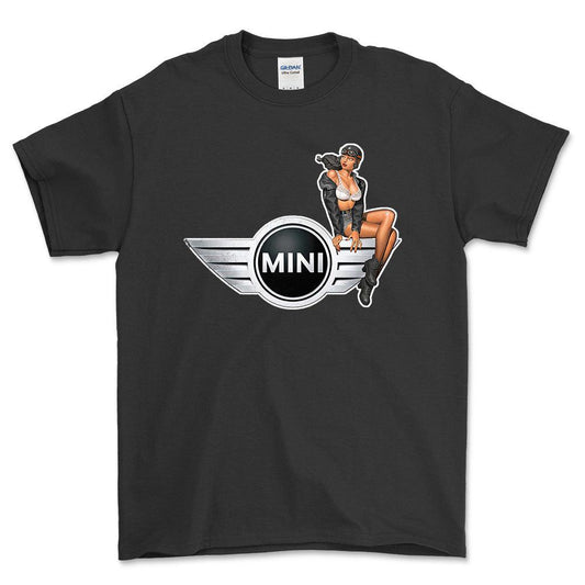 Mini Cooper Pinup - Unisex T-Shirt , Bomuld-Beklædning-Mini-Sort-S-Forside-Garage Culture Shop- garage - man cave - merchandise