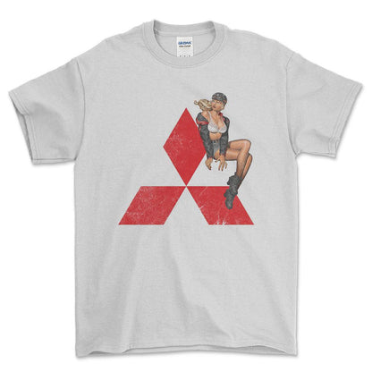 Mitsubishi Pinup - Unisex T-Shirt , Bomuld-Beklædning-Mitsubishi-Hvid-S-Forside-Garage Culture Shop- garage - man cave - merchandise