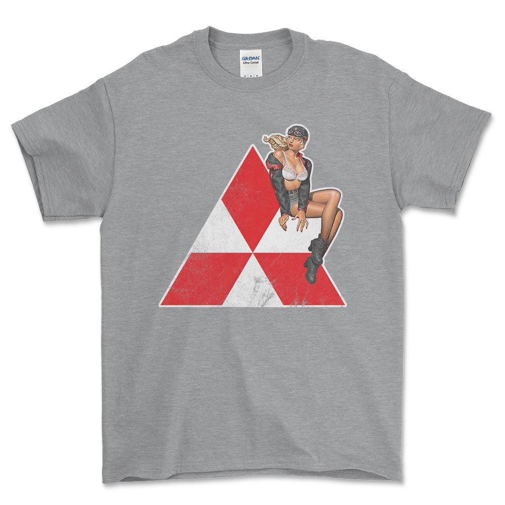 Mitsubishi Pinup - Unisex T-Shirt , Bomuld-Beklædning-Mitsubishi-Grå Sport-S-Forside-Garage Culture Shop- garage - man cave - merchandise