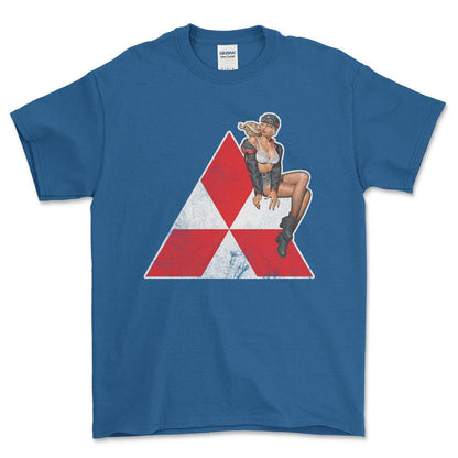 Mitsubishi Pinup - Unisex T-Shirt , Bomuld-Beklædning-Mitsubishi-Blå Royal-S-Forside-Garage Culture Shop- garage - man cave - merchandise