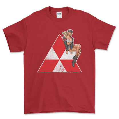 Mitsubishi Pinup - Unisex T-Shirt , Bomuld-Beklædning-Mitsubishi-Rød-S-Forside-Garage Culture Shop- garage - man cave - merchandise