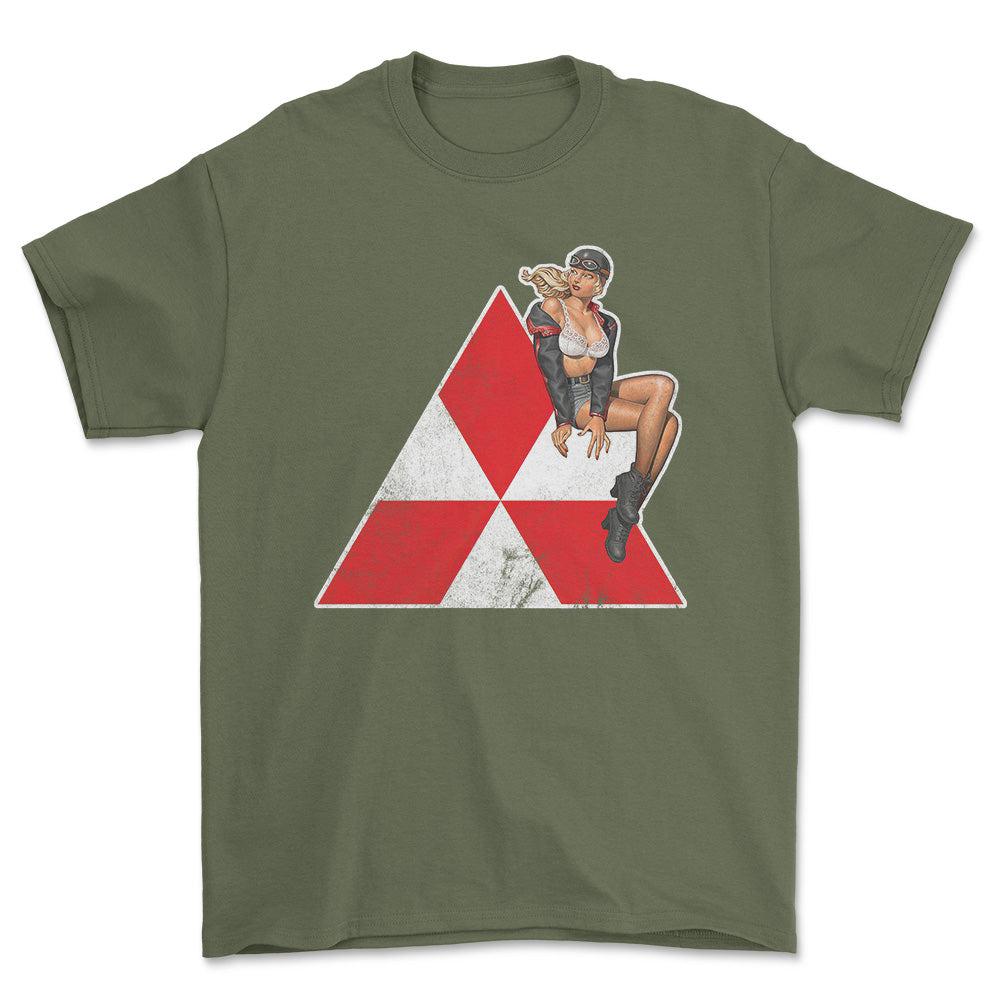 Mitsubishi Pinup - Unisex T-Shirt , Bomuld-Beklædning-Mitsubishi-Grøn Militær-S-Forside-Garage Culture Shop- garage - man cave - merchandise