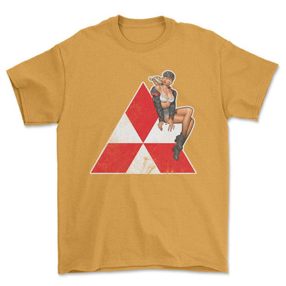 Mitsubishi Pinup - Unisex T-Shirt , Bomuld-Beklædning-Mitsubishi-Guld-S-Forside-Garage Culture Shop- garage - man cave - merchandise