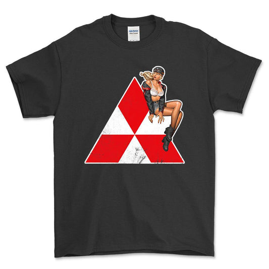 Mitsubishi Pinup - Unisex T-Shirt , Bomuld-Beklædning-Mitsubishi-Sort-S-Forside-Garage Culture Shop- garage - man cave - merchandise