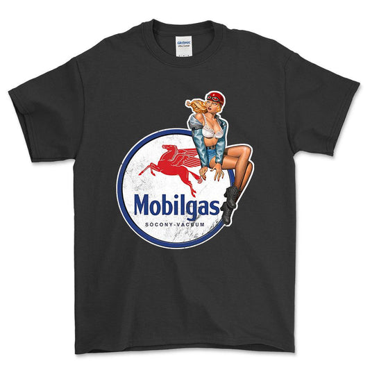 Mobilgas Pinup - Unisex T-Shirt , Bomuld-Beklædning-Motoroil-Sort-S-Forside-Garage Culture Shop- garage - man cave - merchandise