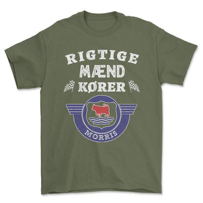 Morris Rigtige Mænd Kører - Unisex T-Shirt , Bomuld-Beklædning-Morris-Grøn Militær-S-Forside-Garage Culture Shop- garage - man cave - merchandise