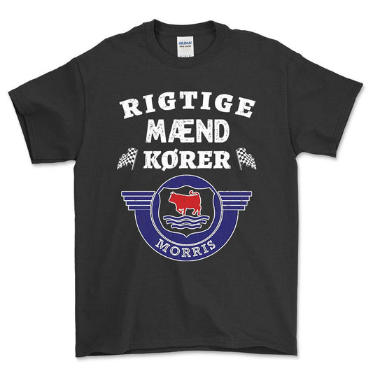 Morris Rigtige Mænd Kører - Unisex T-Shirt , Bomuld-Beklædning-Morris-Sort-S-Forside-Garage Culture Shop- garage - man cave - merchandise