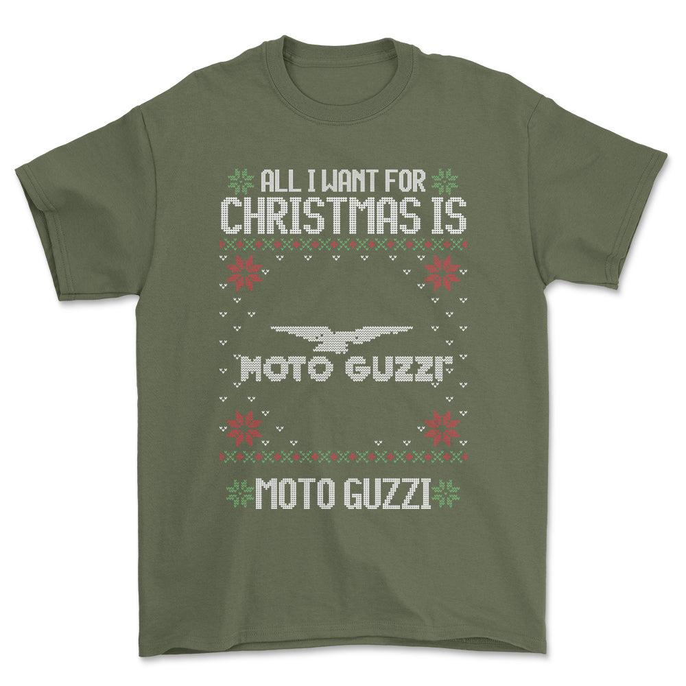 Moto Guzzi - All I Want For Christmas - Unisex T-Shirt , Bomuld-Beklædning-Moto Guzzi-Grøn Militær-S-Forside-Garage Culture Shop- garage - man cave - merchandise